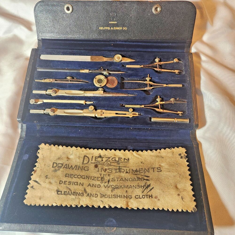 Vintage Keuffel & Esser K&E Drafting Instrument Set Compass Tools Case Germany